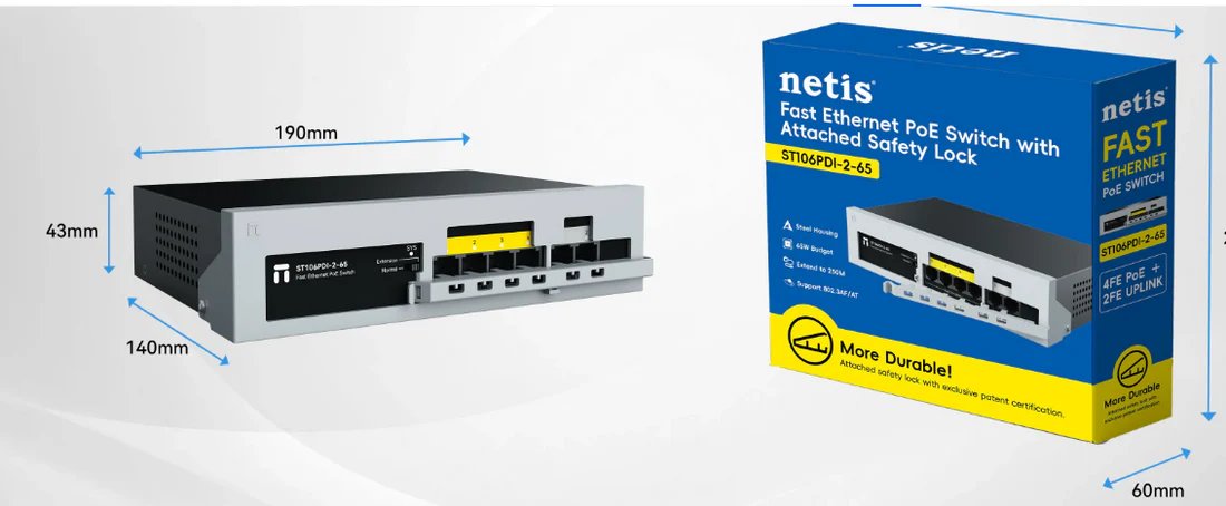 Netis ST106PDI-2-65 | 4-Port Fast Ethernet PoE Switch – Smart 65W Power Networking Solution