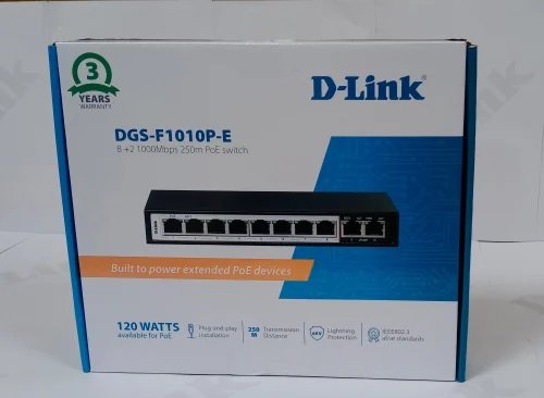 Dlink DGS-F1010P-E 250M 10-Port 1000Mbps Switch with 8 PoE Ports and 2 Uplink Ports - Front View