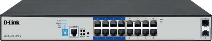 D-Link DGS-F1210-18PS-E 16-port Gigabit Long Range 250m PoE+ Smart Switch - Front View