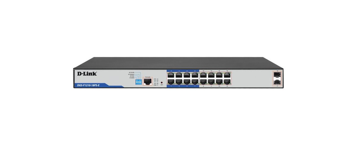 D-Link DGS-F1210-18PS-E 16-port Gigabit Long Range 250m PoE+ Smart Switch - Back View